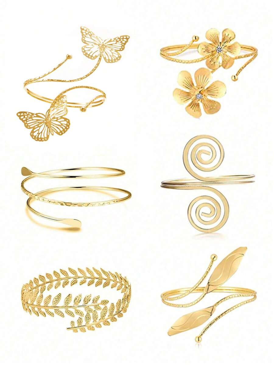 6pcs Exaggerated Leaf, Butterfly, Floral & Geometric Metal Bangle Bracelet Set - Yellow Gold - View 1