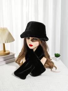 1 set Sombrero cubo y bufanda de unicolor con mezcla de piel para mujer, otoño/invierno, cálido, acogedor, estiloso - A - Ver 15