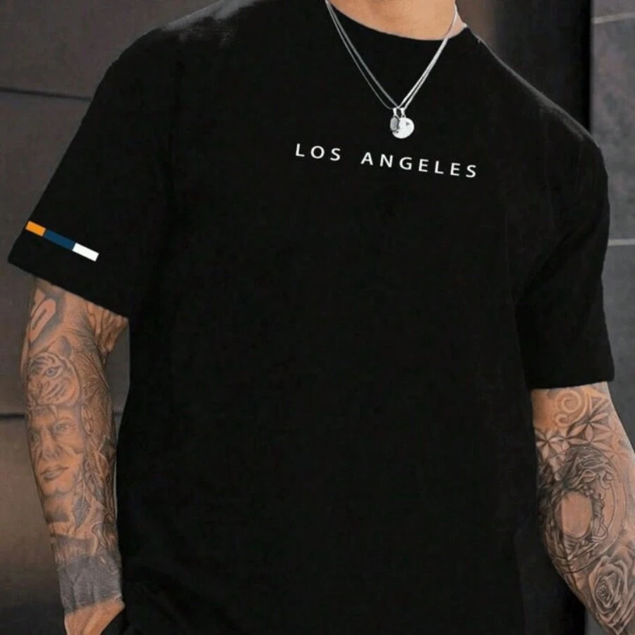 Basic T-Shirt Streetwear Shirt Slim Men's T-Shirt Promotion Cotton Various Colors Printed Los Angeles Arm Strap Special Edition Super Promotion - màu đen - Xem 1