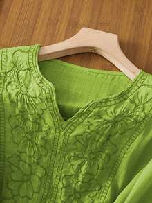 纯色花卉刺绣缺口领休闲度假衬衫 - 綠色 - 查看 3