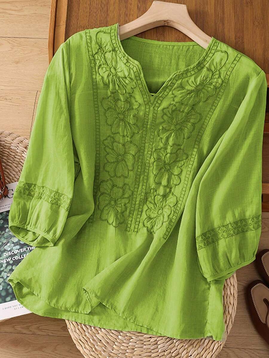 纯色花卉刺绣缺口领休闲度假衬衫 - 綠色 - 查看 1