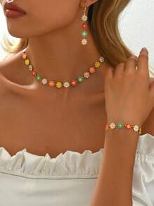 1set Handmade Colorful Dopamine Daisy Flower Necklace, Pastoral Style Collarbone Chain For Women. The Flower Color Arrangement Is Random, And The Length Of The Chain Can Be Trimmed As Needed. The Number Of Flower Beads Is Not Fixed. Valentines,Mom,Mother,Mother's Day,Gift - Multicolor - View 2