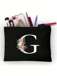 1pc Initials Printed Women's Makeup Bag, Black Small Bag, White Letters A-Z, Cosmetic Bag, Portable Wash Bag, Teacher's Day Gift, Reusable Makeup Bag, Women's Simple And Large Capacity Travel Makeup Bag Suitable For Men And Women, Couples, Daily Use, Birthdays, Holidays, Back To School, Vacation, Beach, Travel, Students, Daily Storage, Personalized Gift Bag, Suitable For Weddings, Mother And Grandmother's Birthday Gifts, Ladies, Friends, Bridesmaids, Travel Essentials Makeup Organizer - Black - View 30