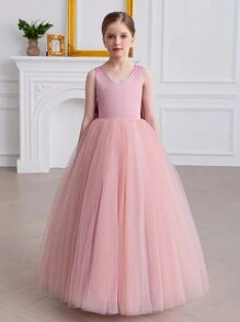 Tween Girls Bowknot Back Tulle Party Dress For Easter, Princess Pageant Gown Suitable For Birthday Party, Wedding, Formal Events, Holiday - Pink - View 2