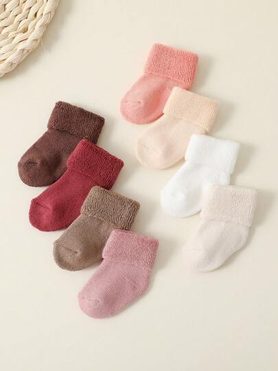 8 Pairs Baby Girls Warm Candy Colors Thermal Socks, Newborn Short Socks For Autumn & Winter