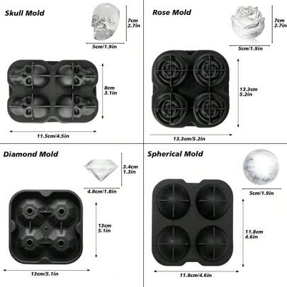 1包 矽膠冰塊盤，骷髏頭&玫瑰花&鑽石形狀冰塊模具，適用於冷藏雞尾酒、威士忌和果汁