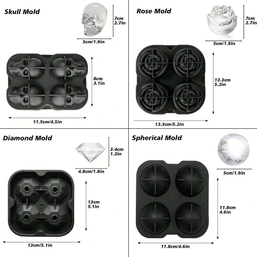 1包 矽膠冰塊盤，骷髏頭&玫瑰花&鑽石形狀冰塊模具，適用於冷藏雞尾酒、威士忌和果汁 - 黑色 - 查看 1