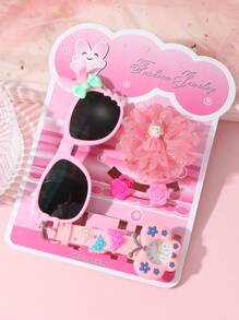 5pcs/Set Macaroon Color Arabic Numeral Dial Silicone Strap Children's Cartoon Hair Clip & Fashion Glasses Combination Suitable For Birthday Gift, Halloween Gift, Etc. - Pink - View 1