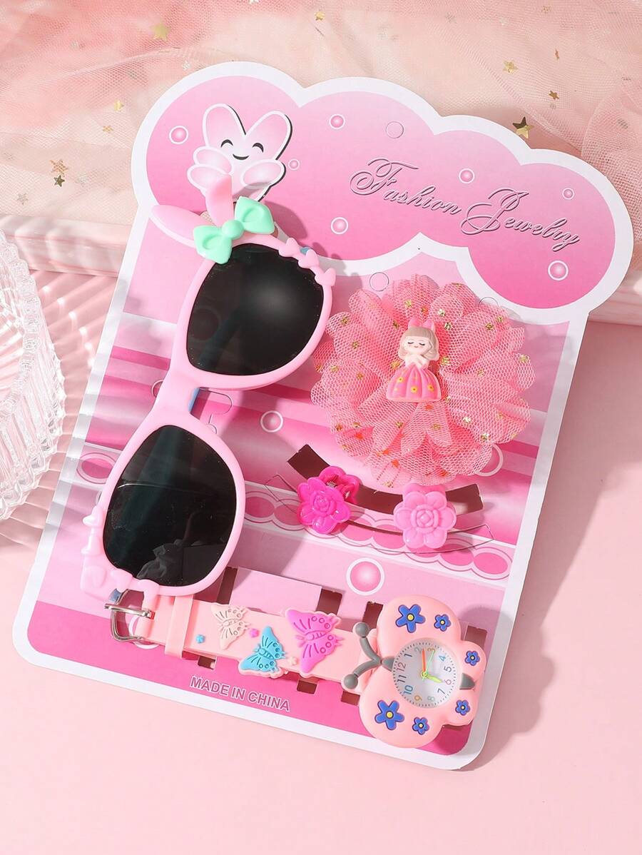 5pcs/Set Macaroon Color Arabic Numeral Dial Silicone Strap Children's Cartoon Hair Clip & Fashion Glasses Combination Suitable For Birthday Gift, Halloween Gift, Etc. - Pink - View 1