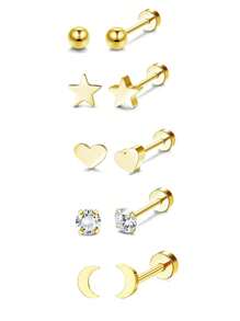 10pcs Small Hypoallergenic Flat Back Stud Earrings For Women Men Golden Plated Stainless Steel Earring Sets Tiny Screw Back Cartilage Earring