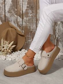 Women's Oversized US Size 5-9 Beige Slip-On Platform Slippers, Thick Sole Comfortable Casual Mule Shoes, Spring & Autumn