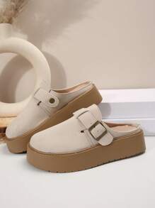 Women's Oversized US Size 5-9 Beige Slip-On Platform Slippers, Thick Sole Comfortable Casual Mule Shoes, Spring & Autumn
