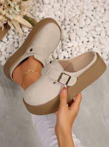 Women's Oversized US Size 5-9 Beige Slip-On Platform Slippers, Thick Sole Comfortable Casual Mule Shoes, Spring & Autumn