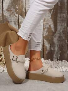 Women's Oversized US Size 5-9 Beige Slip-On Platform Slippers, Thick Sole Comfortable Casual Mule Shoes, Spring & Autumn