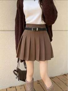 Solid Color Pleated Culottes, Bring Your Own Shorts - Mocha Brown - View 2