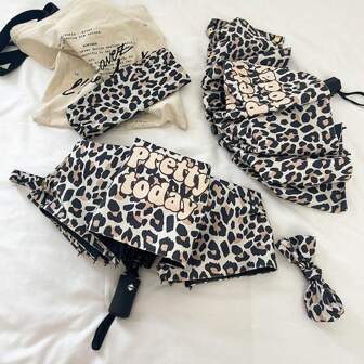 1 件豹纹复古自动开合折叠雨伞，多功能遮阳防雨男孩情人节心形情人节夏季降温、海滩、旅行