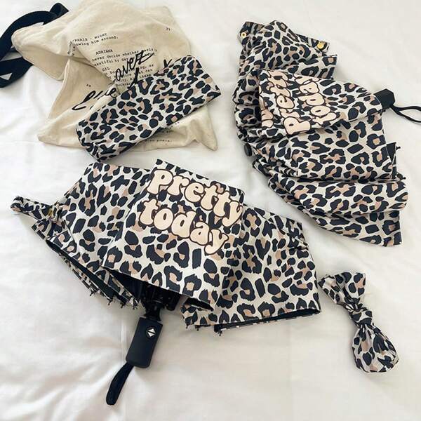 1 peça de guarda-chuva dobrável vintage com estampa de leopardo, abertura automática, guarda-sol multifuncional e à prova de chuva, estilo coração para namorados, verão refrescante, praia, viagem