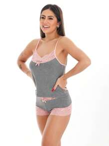 Kit 2 Pijama Feminino Short Baby Doll Renda Short Lingerie Camisete Bicolor Moda