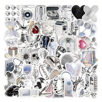 66pcs Minimalist Tech-Inspired Silver Graffiti Stickers, Cute Aesthetic Doodle Stickers, Suitable For Water Bottles, Laptops, Phones, Skateboards, Guitars, Luggage, Scrapbooks, Helmets, Bicycles, Motorcycles, Cars, Helmets, Party Decorations