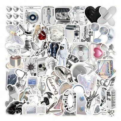 66张极简科技风银色涂鸦贴纸，可爱美学涂鸦贴纸，适用于水瓶、笔记本电脑、手机、滑板、吉他、行李箱、剪贴簿、头盔、自行车、摩托车、汽车、派对装饰