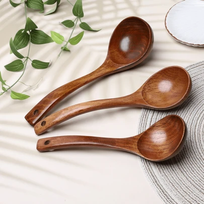 1pc Old Lacquer Wooden Spoon Household Kitchen Soup Large Solid Wood Curved Handle Long Handle Spoon Wooden Tableware