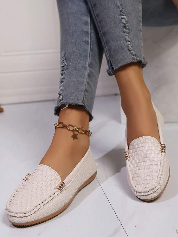 Nuevos mocasines casuales y cómodos con aplicación floral tejida, zapatos versátiles para mujer de talla grande