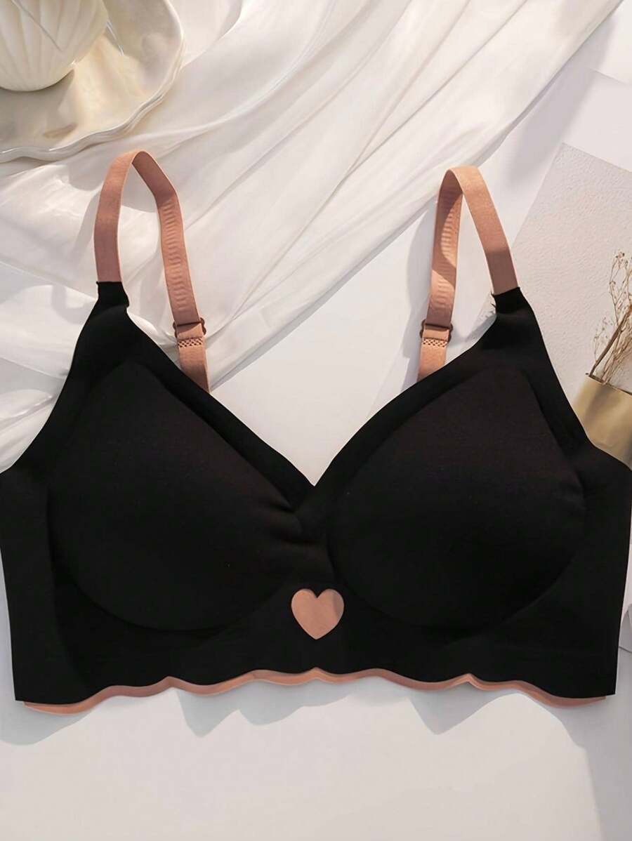 QXCQ Sous-vêtements pour femmes avec détail d'amour, sans fil, sans trace, anti-affaissement, sport, confortable, lingerie - Noir - Voir 1