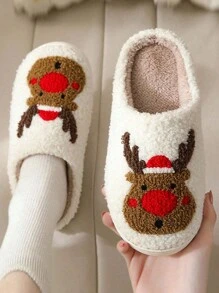 Christmas Style Pattern Fuzzy Slippers For Women And Men, Winter Warm Closed Toe Flat Floor Shoes, Cozy Soft Sole Home Slippers