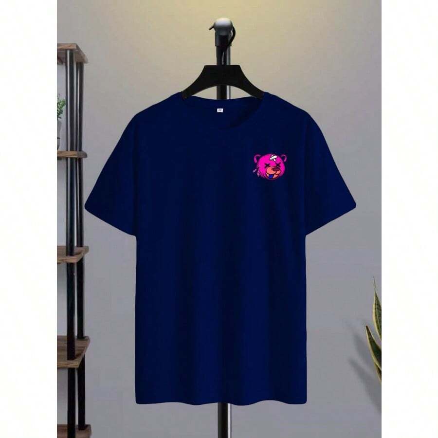 Men's T-Shirt Bear I'M OK Front/Back Print 100% Cotton Printed Shirt - 藏蓝色 - 查看 1