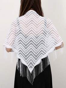 1 件女式白色镂空透气流苏三角围巾，几何图案时尚百搭披肩连衣裙配饰，适合日常穿着 - 白色 - 查看 1