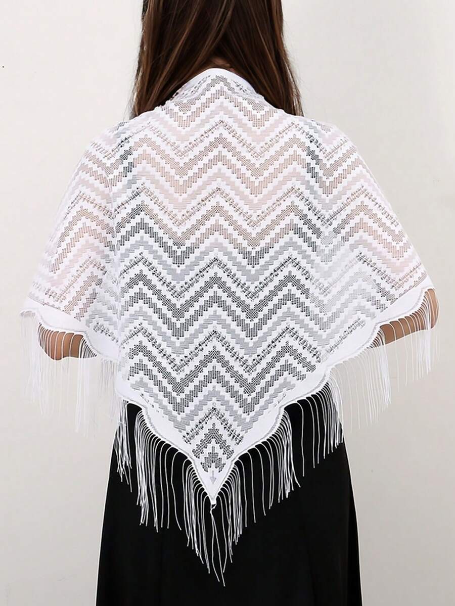 1 件女式白色镂空透气流苏三角围巾，几何图案时尚百搭披肩连衣裙配饰，适合日常穿着 - 白色 - 查看 1