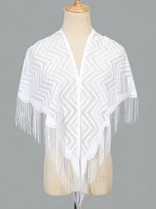 1 件女式白色镂空透气流苏三角围巾，几何图案时尚百搭披肩连衣裙配饰，适合日常穿着 - 白色 - 查看 4