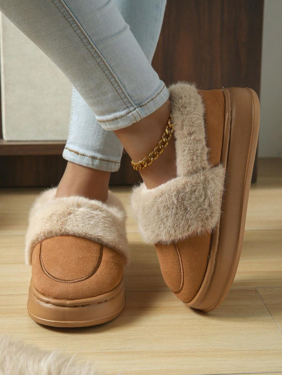 Dép đi trong nhà mùa đông cho nam/nữ, phong cách cặp đôi, giày mùa đông đế dày ấm áp chống trượt, thích hợp cho mùa đông - màu nâu - Xem 1