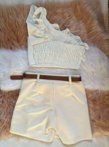2 PIECE SET WITH ONE SHOULDER CROPPED TOP AND TAILORED SKIRT SHORTS WITH BELT NEW FOR SUMMER 2025 - trắng - Xem 2