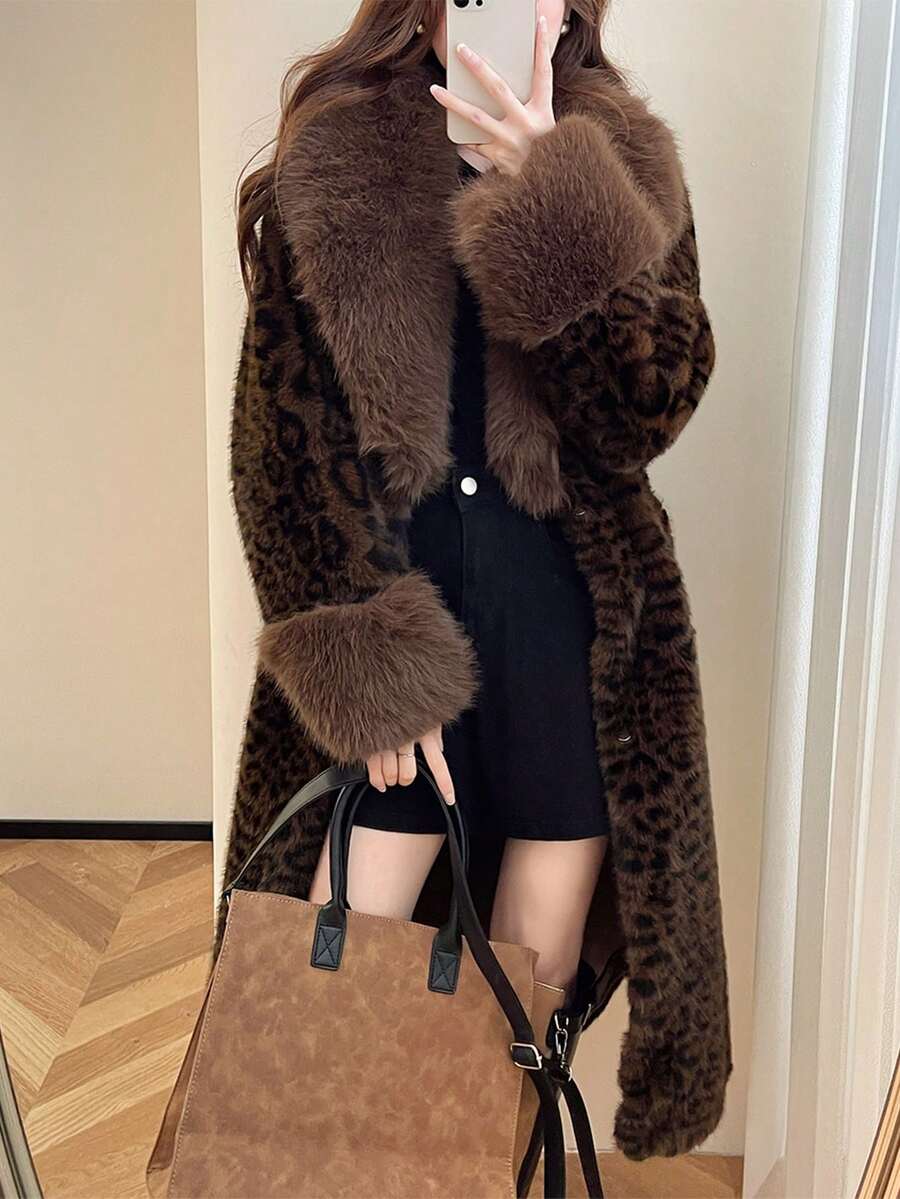 Women Leopard Print Fluffy V-Neck Cardigan - Coffee Brown - View 1