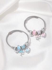 1 pièce Bracelet jonc en acier inoxydable pour femmes, décoré de breloques émaillées en forme de papillon, étoile et cœur. pour le port quotidien, les fêtes et les cadeaux de la Saint-Valentin