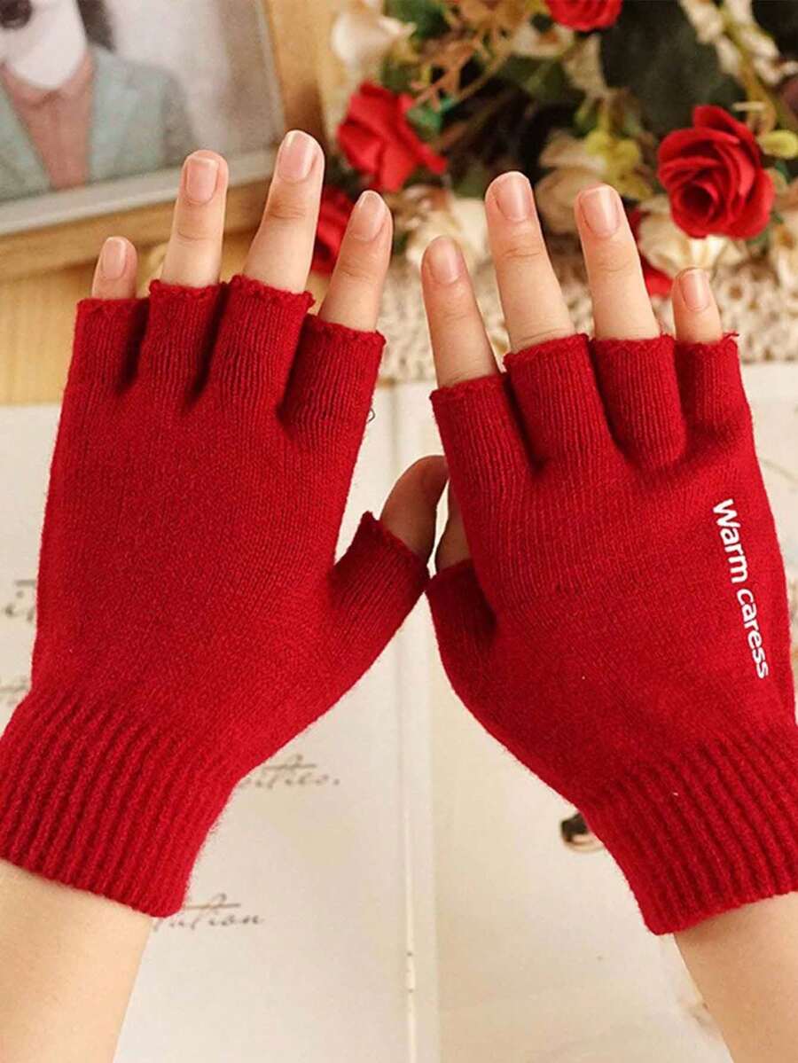 1 Pair Fingerless Gloves, Knitted Fleece Letter Pattern, Non-Slip Palms, Unisex Warm For Office/Study, Fall & Winter - Multicolor - View 1