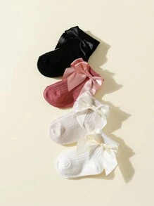 4pairs Girls Bow & Striped Princess Style Solid Color Baby Socks For Daily Wear - Multicolor - View 5