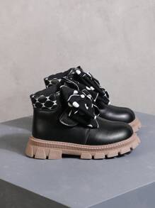 女孩蝴蝶结装饰仿皮休闲踝靴柔软内衬儿童时尚靴子