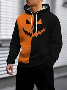 Felpa con cappuccio da uomo in stile rock di strada, con stampa a colori a contrasto, casual per primavera, autunno e inverno, adatta anche per Ognissanti - Bianco e nero - Visualizzare 1