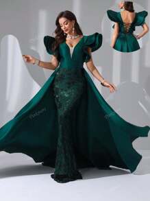 Vestito lungo da sera in raso con scollo a V, maniche a volant e paillettes, lungo fino a terra, abito da sera elegante per cerimonie, matrimoni, lauree, cene, Natale