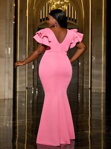 Faeriesty Váy dạ hội đuôi cá tay bèo nhún phía trước, váy dạ hội thanh lịch, dành cho khách dự tiệc cưới, tốt nghiệp, tiệc tối - Hồng - Xem 2