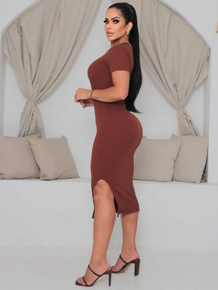 Midi Dress With Side Opening In Wrinkled Ana Fabric - Rust Brown - View 1