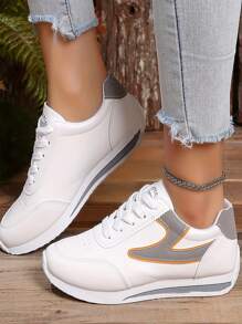 女士 2024 新款春秋休闲白色运动鞋，平底防滑软底运动跑步鞋 - 灰色 - 查看 2