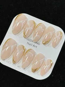 10pcs Handmade Almond-Shaped False Nails In Pure White Marble Design With Gold Line And Cute Colorful Accents, And High-End Style Press On Nails