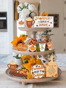 15 pièces Ensemble de décoration de plateau à étages Citrouille Hello Fall, en bois rustique, décoration d'automne pour la récolte, décoration de bureau pour la maison de ferme, cuisine, décoration de table pour la fête d'Action de grâce - Multicolore - Voir 2