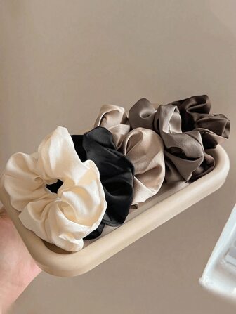 5pcs Classic Black, White & Brown High-Quality Satin Scrunchies, 3.35 Inch Diameter, Suitable For Buns, Ponytails, Daily Wear, Travel, Beach, Gifts