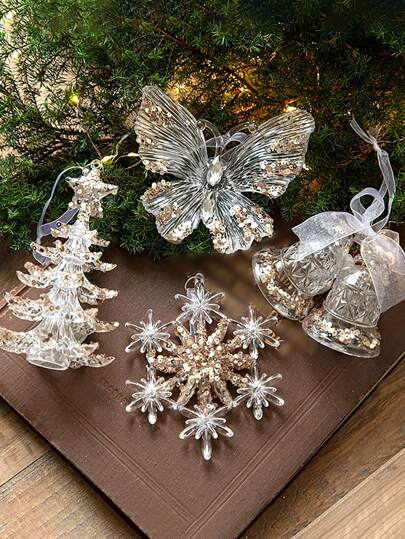 1 Set Christmas Decorations, Christmas Tree Ornaments, Transparent Acrylic Hanging Decorations, Home Decor, Snowflakes, Santa Claus, Reindeer, Bells, Suitable For Birthday Party, Wedding, Bar, Family Gathering Decoration, White