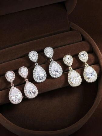 2 件奢华方晶锆石新娘伴娘耳环和项链套装婚礼珠宝万圣节