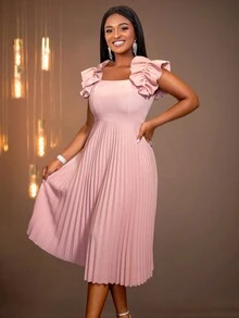 Elegant Pleated Round Neck Fitted Dress For Commuting